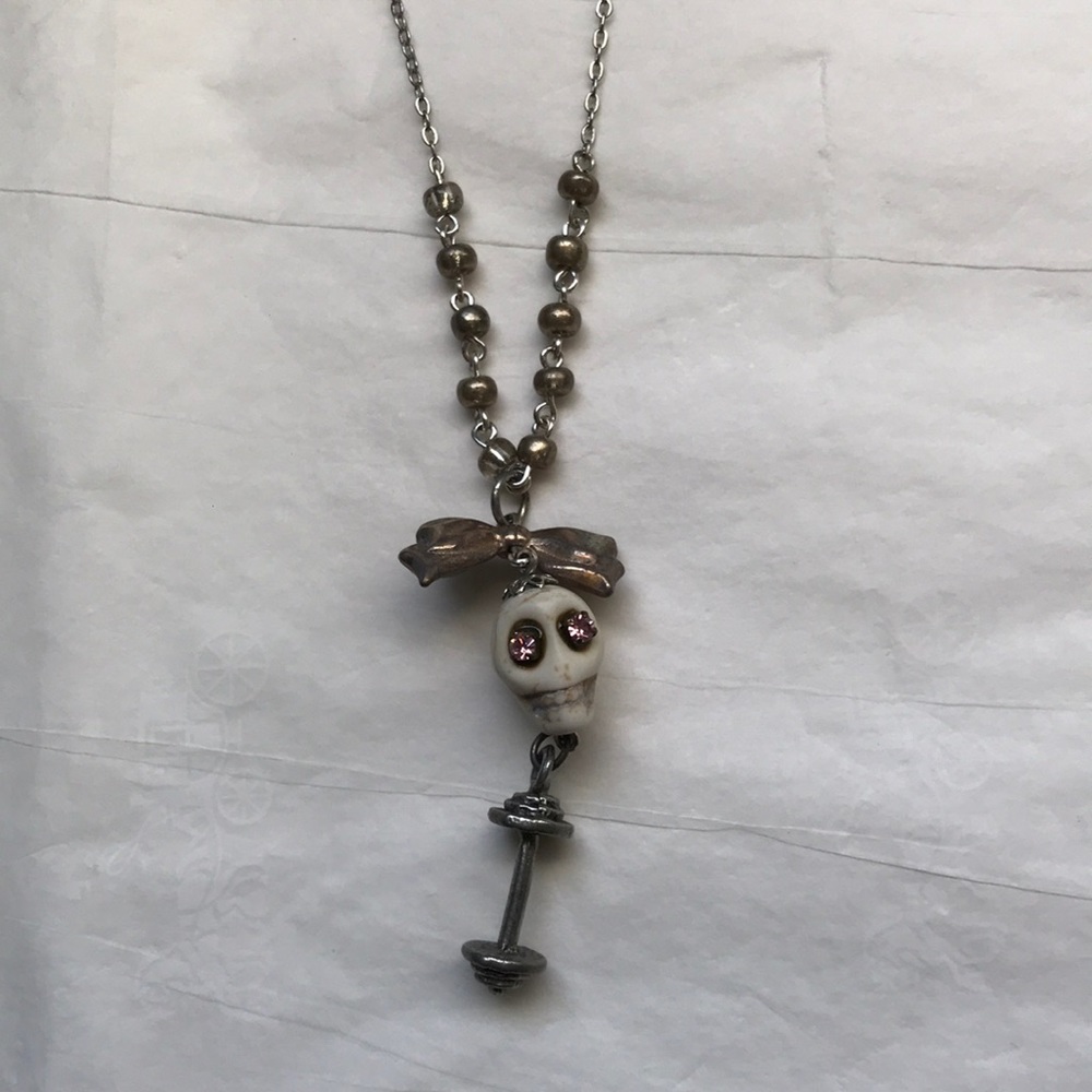 Dumbbell & skull with bow handcrafted necklace